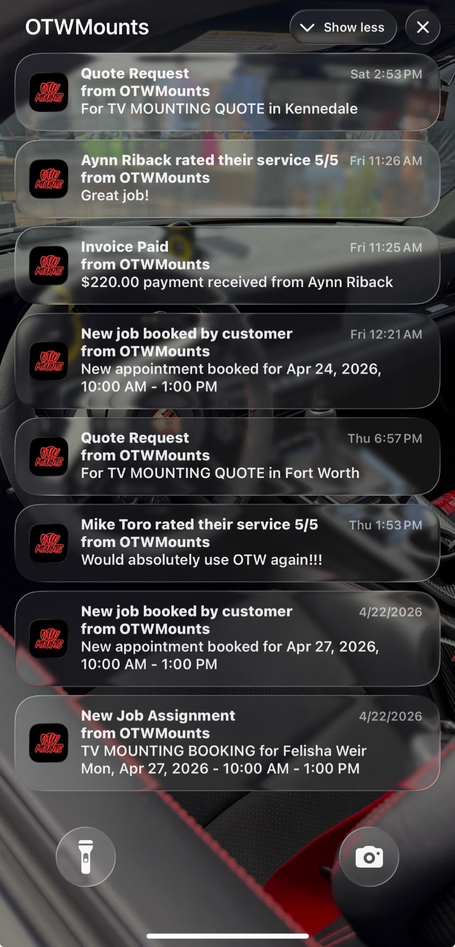 Real OTWMounts booking notifications